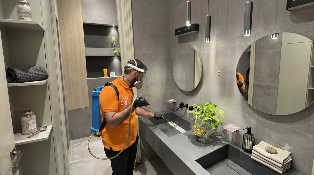 Best Control technician spraying a modern bathroom for pests in Erbil