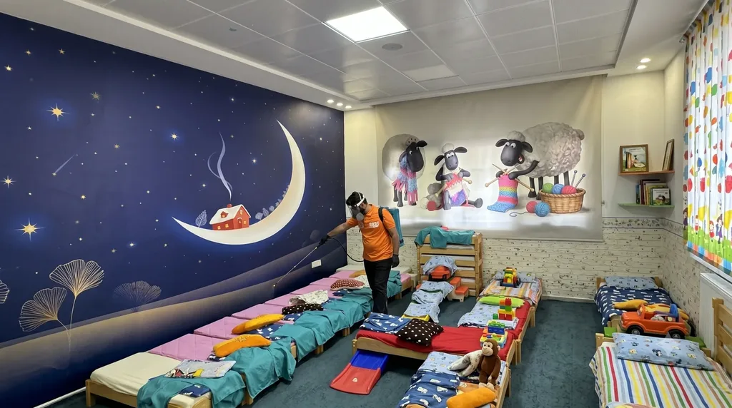 Best Control technician safely treating a children's nursery in Erbil