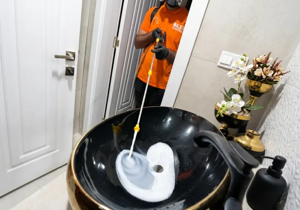 Best Control technician treating a drain to eliminate drain flies