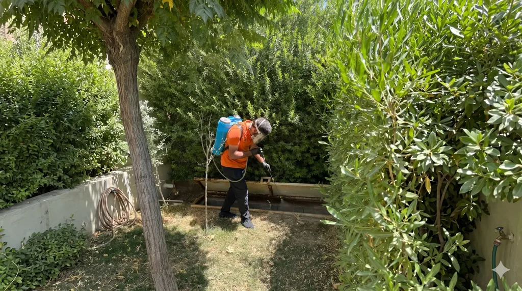 Best Control technician spraying a garden against mosquitoes in Erbil